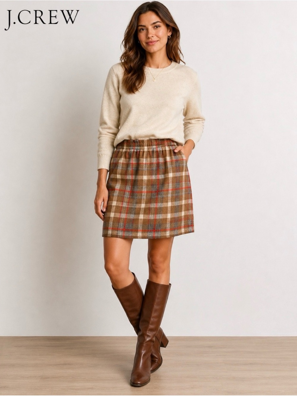 J. Crew Wool Blend Plaid Sidewalk Mini Skirt in Brown and Cream Preppy Casual